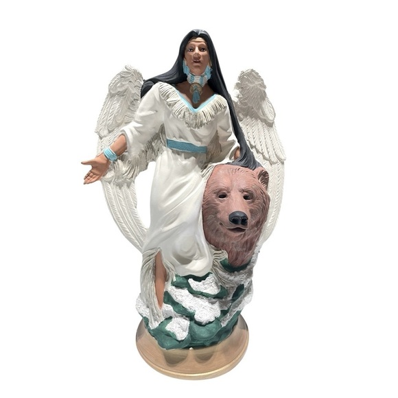 VTG Ceramic Bisque Native American Indian Angel with Bear 13” Tall x 9” Wide - Picture 13 of 15
